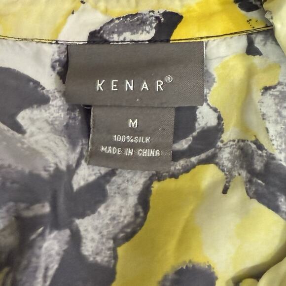 Kenar Top Women's Medium Yellow Multicolor Silk Floral Abstract Ruffle Shirt - Picture 5 of 8